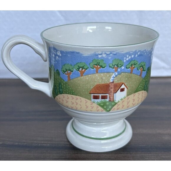 Sangostone 3645 Country Cottage 2 Coffee Tea Cups Footed 8 oz Mugs VTG Farm - Picture 3 of 6